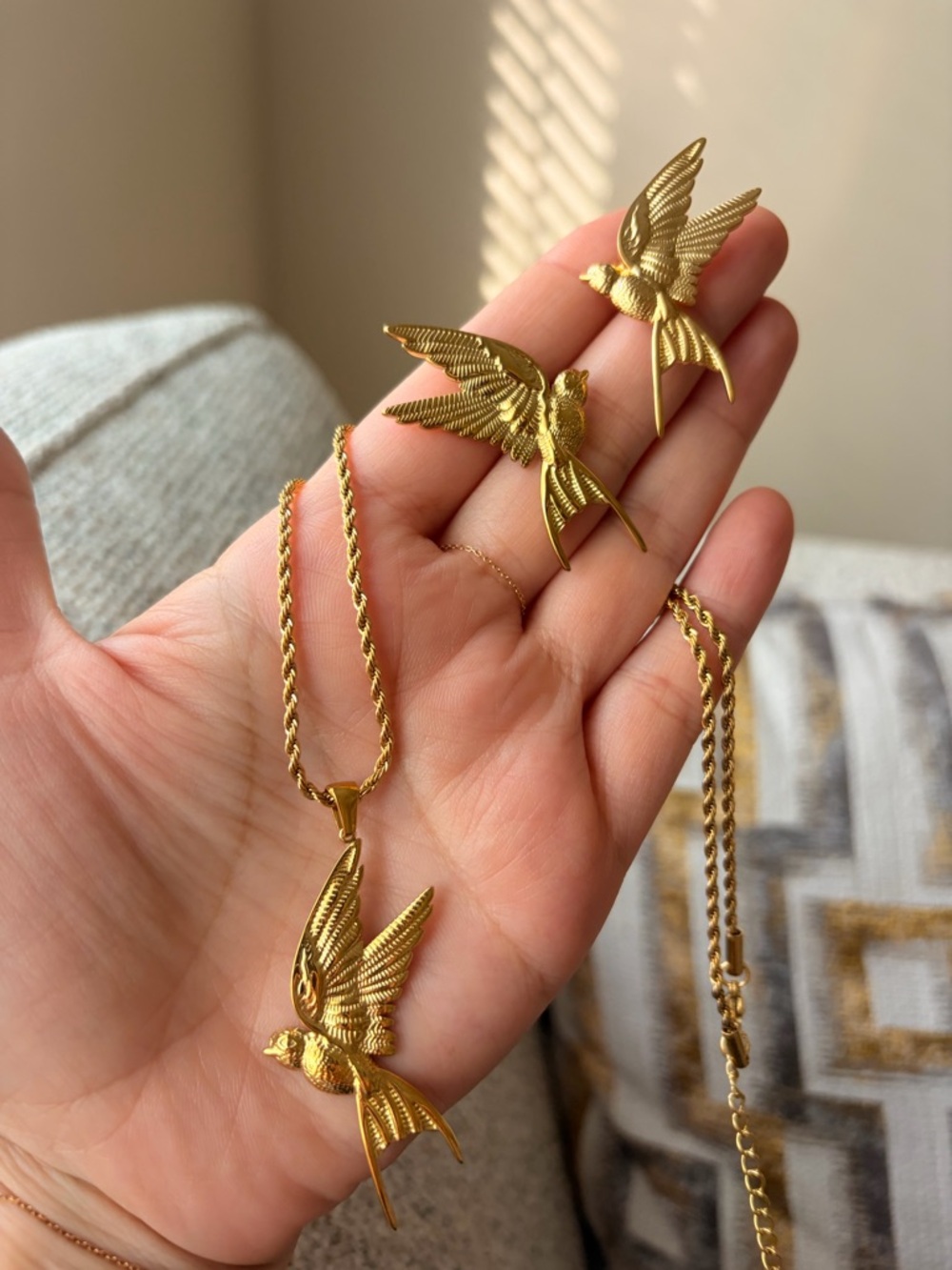 Bird Set Jewelry Gold Bird Pendant Necklace and Stud Earrings Set Dove Necklace - Picture 5 of 9